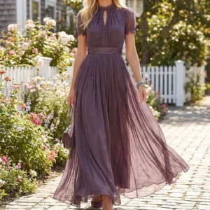 Chiffon Maxi Dress – Vintage-Inspired High Neck Gown with Lace Trim & Ruched Waist