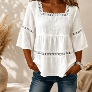 Lace Trim Blouse Square Neck Loose Fit Boho Summer Peasant Top