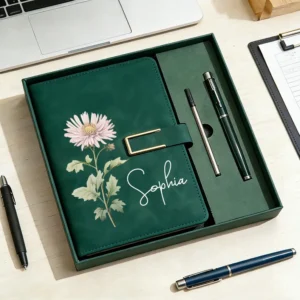 Personalized Birth Flower Notebook & Pen Set, Custom Name,Birth Month Flower Journal